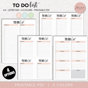 May include: Four printable to-do list templates in A4 size. The templates are in three colors: pink, blue, and green. The templates have different layouts, including weekly, daily, and a blank to-do list.