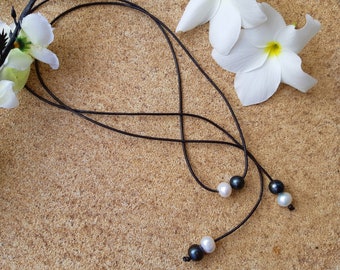 Lariat Necklace, Pearl and Leather Lariat, Freshwater Pearls, Anniversary, Boho, Made in Australia