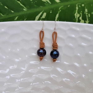 Pearl Earrings, Peacock Blue Pearls, Drop Earrings, Leather and Pearl Earrings, 50th Anniversary, Boho, Made in Australia
