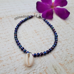 Anklet, Iris Blue Anklet, Ankle Bracelet, Glass Beads, Shell, Cowry Shell, Silver