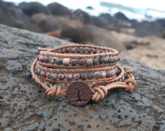 Natural Stone Wrap, Leather Wrap, Triple Wrap, Boho, Bracelet, Stackable Bracelet, Tree of Life, Yoga