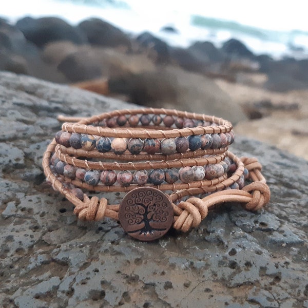 Natural Stone Wrap, Leather Wrap, Triple Wrap, Boho, Bracelet, Stackable Bracelet, Tree of Life, Yoga