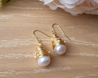 Pearl Earrings, Gold Wrap Pearl Earrings, Dangle Earrings, Gifts for her, Anniversary Gift