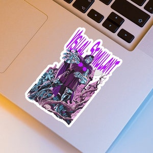 May include: A sticker featuring a comic book style illustration of a purple-skinned character with a large, menacing hand. The character is surrounded by other figures and the text "VISUAL STIMULANT" is written in purple letters.