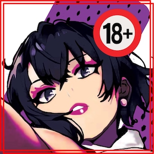 May include: A digital illustration of a woman with dark hair and purple eyeshadow. She is wearing a white shirt and has a red circle with the text "18+" on it in the background.