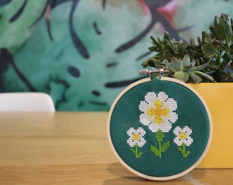 Full Cross Stitch Kit: Frangipani flower trio - DIY Kit - 4-inch Hoop, Fabric, Thread, Needle, Instructions - Beginner Cross Stitch Kit