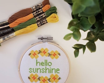 Full Cross Stitch Kit: Hello Sunshine - DIY Kit - 4-inch Hoop, Fabric, Thread, Needle, Instructions - Beginner Cross Stitch Kit