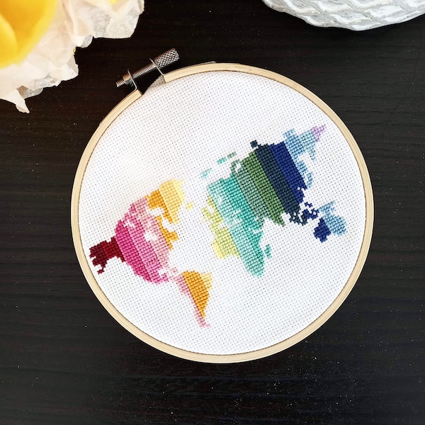 Full Cross Stitch Kit: Off to see the world - World Map - 6-inch Hoop, Fabric, Thread, Needle, Instructions - Beginner DIY Cross Stitch Kit