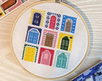 Full Cross Stitch Kit: Opening the Doors of Lisbon Kit - 5-inch Hoop, Fabric, Thread, Needle, Pattern - Beginner Cross Stitch Embroidery