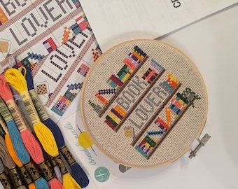 Full Cross Stitch Kit: Book Lover - Book Worm Kit - 5-inch Hoop, Fabric, Thread, Needle, Instructions - Beginner Cross Stitch Embroidery