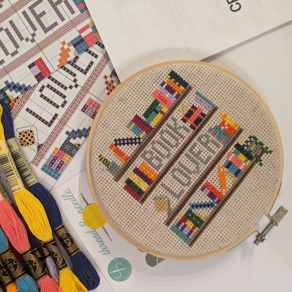 Full Cross Stitch Kit: Book Lover - Book Worm Kit - 5-inch Hoop, Fabric, Thread, Needle, Instructions - Beginner Cross Stitch Embroidery