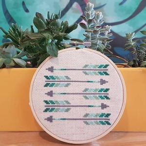 May include: A white embroidery hoop with a cross-stitch design of green and grey arrows. The hoop is sitting in front of a yellow planter with succulents.