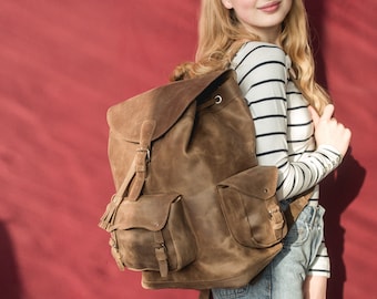 Handmade Crazy Horse Leather Backpack: Large Chocolate Rucksack