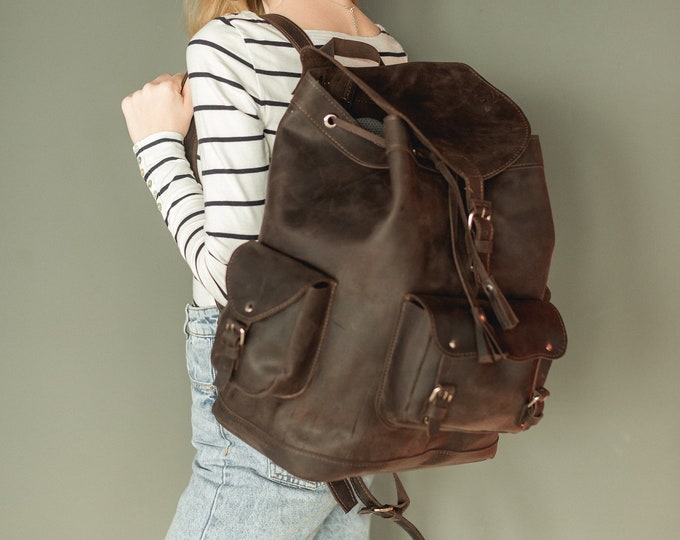 Handmade Chocolate Leather Backpack: Large Cowhide Rucksack