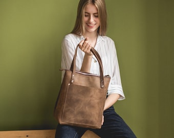 Leather Tote Bag with Zipper: Large Shoulder Bag for Women