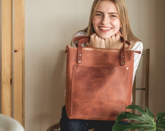 Leren Tote tas voor vrouwen • Bruine schoudertas • Grote Tote tas met rits • Huwelijkscadeau voor bruidsmeisjes • Cadeau voor haar