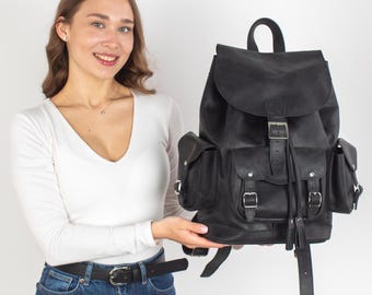 Handmade Black Leather Backpack: City Travel Rucksack
