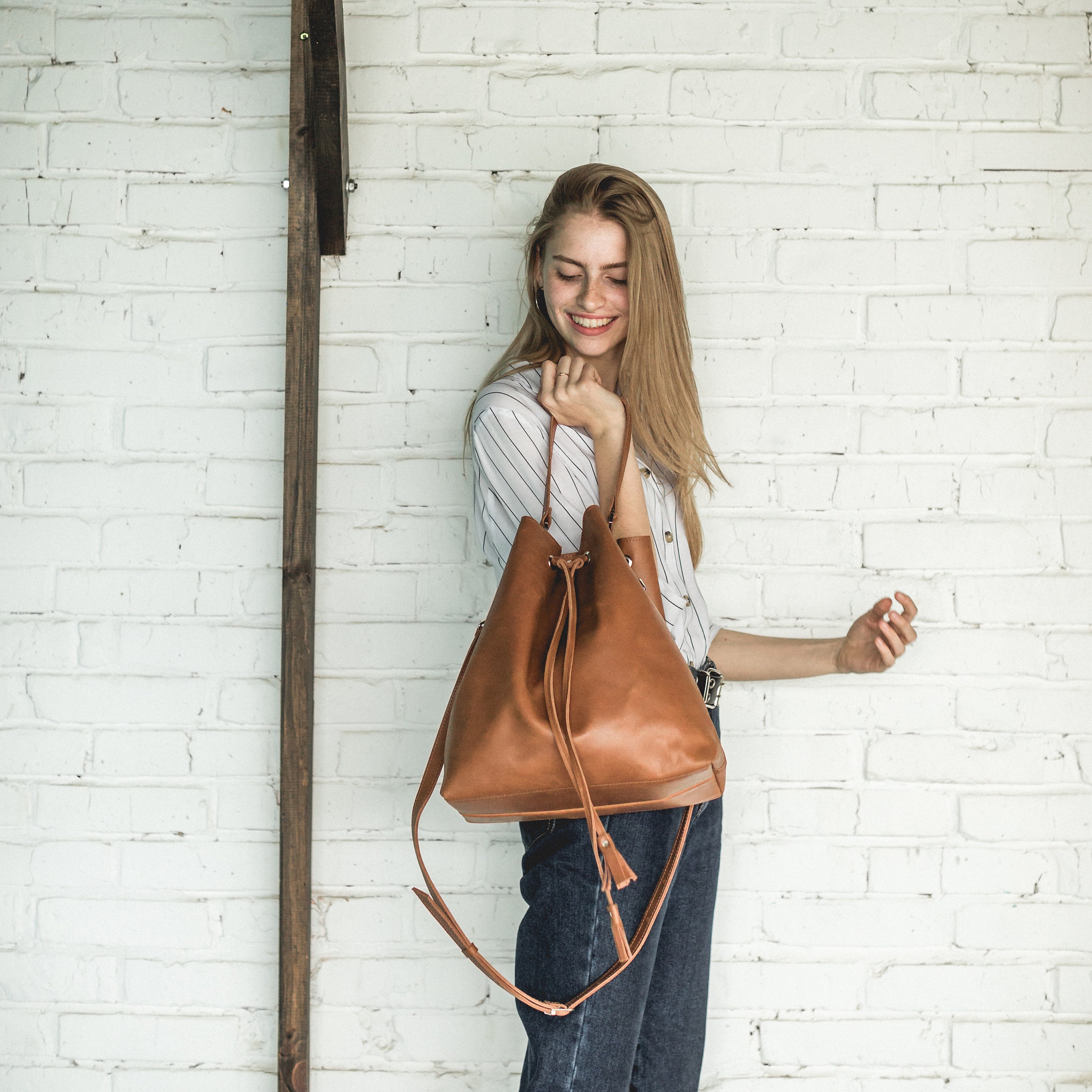 American Darling cowhide fold over bucket bag backpack brown western cowgirl American Darling Hide Leather Backpack main image 3