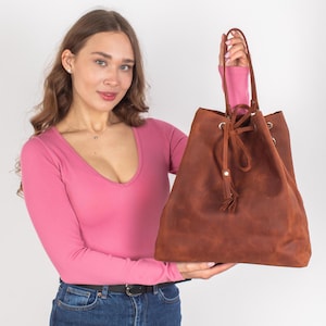 Bucket Leather Bag For Women | Bucket Leather Shoulder Bag | Drawstring Bucket Bags | Convertible Bag | Minimalist Cowhide Bucket Bag