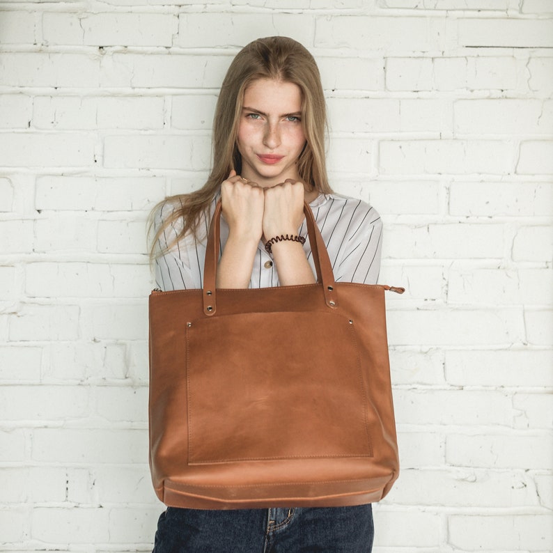 Leather Tote Bag With Zipper Large Bag Custom Leather Tote Etsy