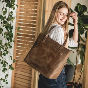Leather Tote Bag with Zipper • Large Bag Custom Leather Tote Bag for Women • Wedding Gift for Her • Big Shoulder Bag with Strap • Handbags
