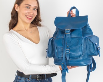 Handmade Blue Pebbled Leather Backpack: Travel Rucksack