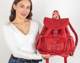 Handmade Red Pebbled Leather Backpack: Everyday Travel Bag