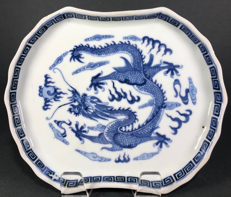 1912-1949 Antique Chinese Blue And White Imperial Dragon Tray Dish Republic Period
