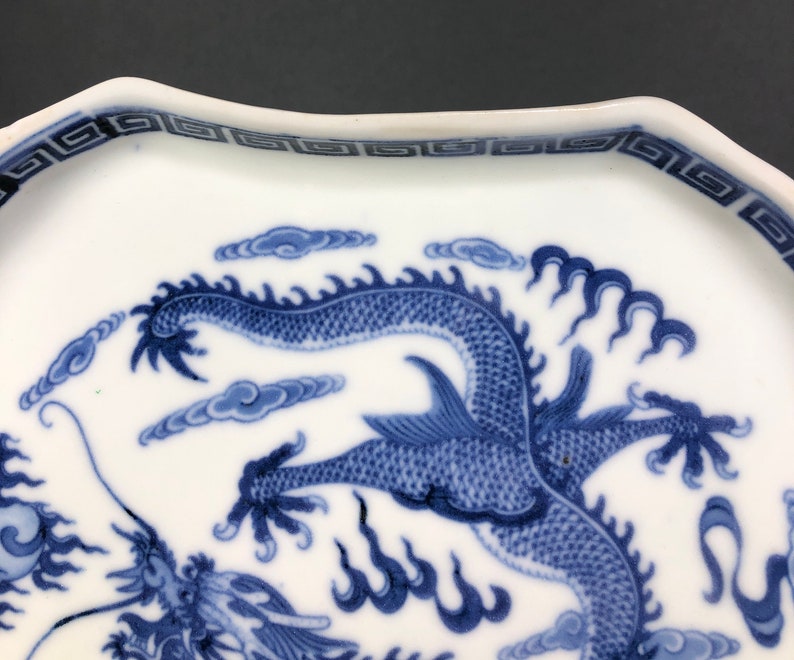 1912-1949 Antique Chinese Blue And White Imperial Dragon Tray Dish Republic Period