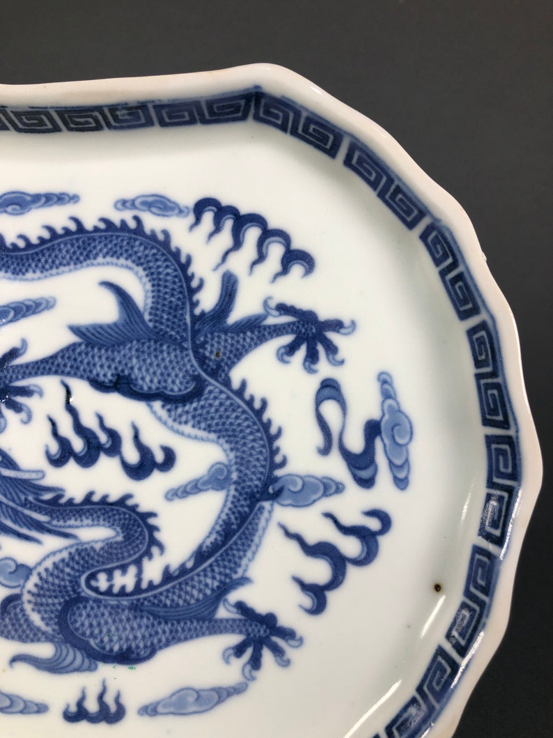 1912-1949 Antique Chinese Blue And White Imperial Dragon Tray Dish Republic Period