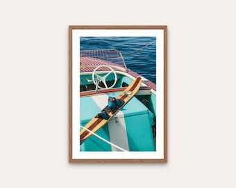 Waterski Boat Print - lake wall art, digital download, travel photography, printable art, water, classic boat, home decor, blue, nautical