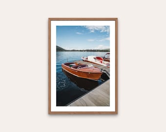 Classic Boat on Lake Print - lake wall art, digital download, travel photography, printable art, nautical, classic boats, home decor, wooden