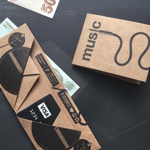 Música, billetera de papel origami, hecha a mano, vegana, sostenible, regalo, para él, para ella, delgada, reciclada, fina, ecológica