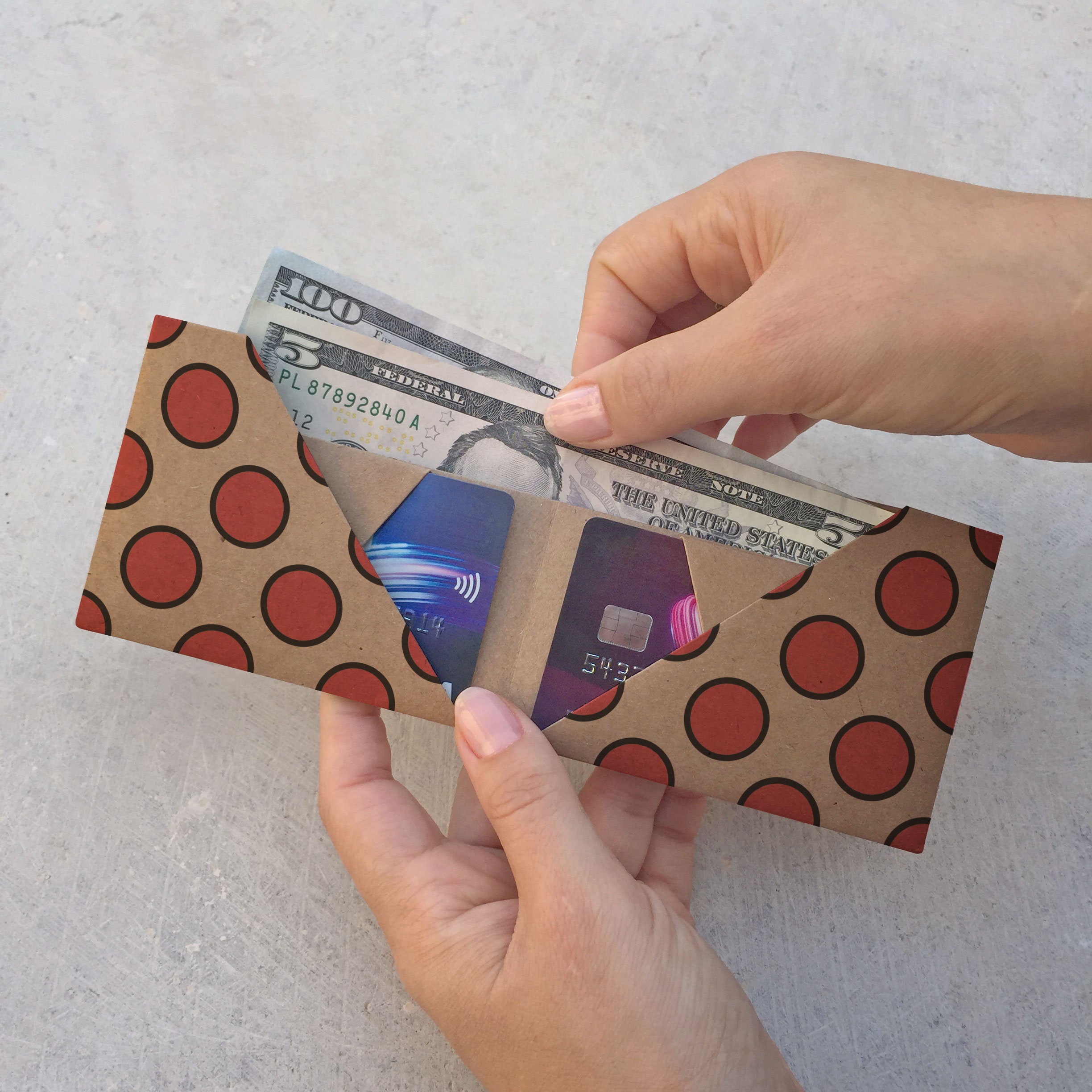 Polka Dots Red, origami paper wallet, handmade, vegan, sustainable, gift, for him, for her, slim, recycled, thin, eco friendly