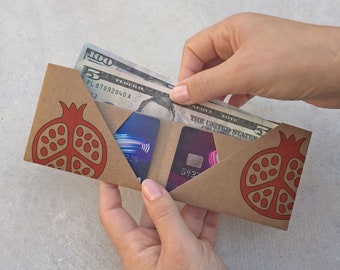 Abundance Pomegranate, origami paper wallet, handmade, vegan, sustainable, gift, for him, for her, slim, recycled, thin, eco friendly
