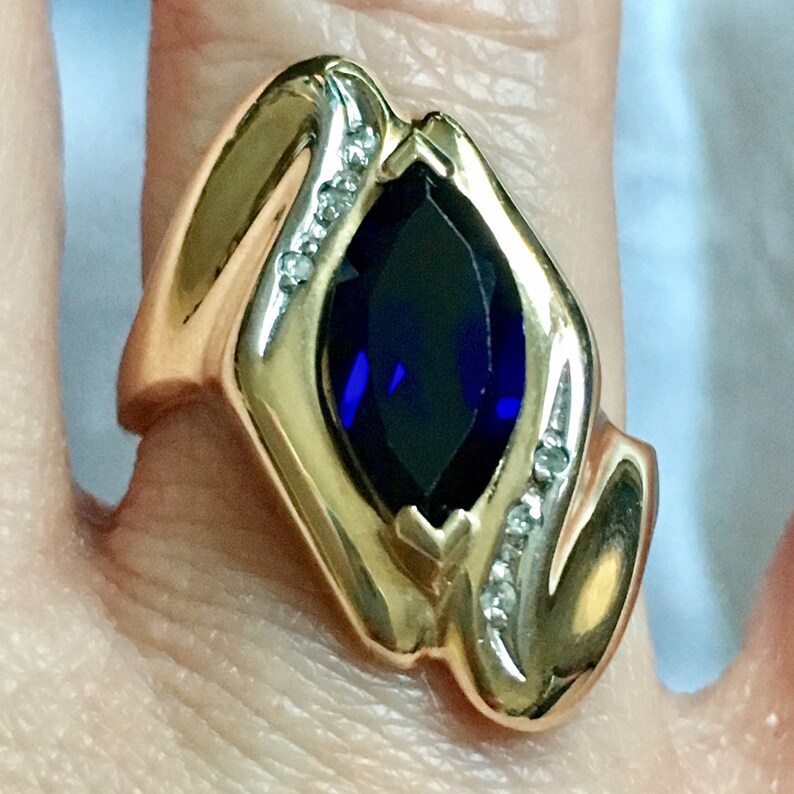 Stamped 10k XPS 2g Size 5 34 ? Beautiful Deep Blue Stone Vintage Lab Sapphire and Diamond Accents Yellow Gold Ring