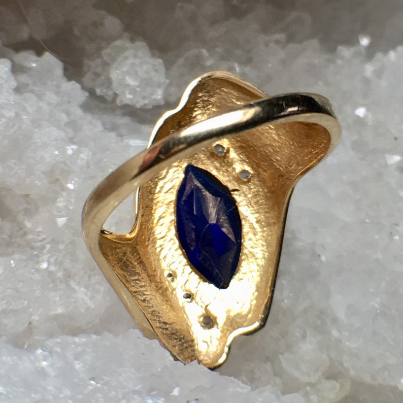 Stamped 10k XPS 2g Size 5 34 ? Beautiful Deep Blue Stone Vintage Lab Sapphire and Diamond Accents Yellow Gold Ring