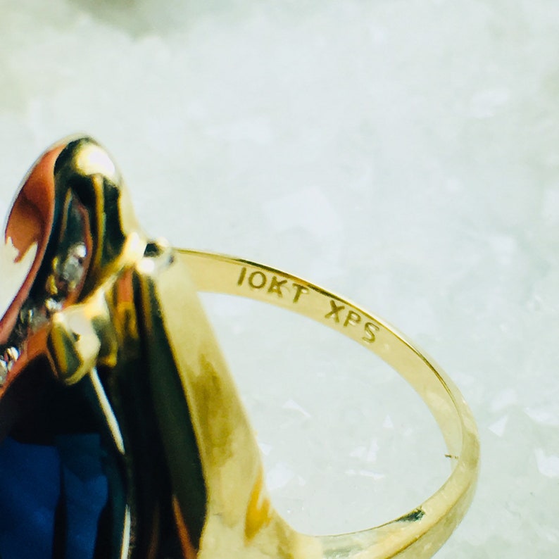 Stamped 10k XPS 2g Size 5 34 ? Beautiful Deep Blue Stone Vintage Lab Sapphire and Diamond Accents Yellow Gold Ring