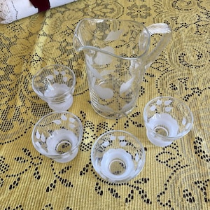 Vintage Etched Glass Pitcher and Glasses
