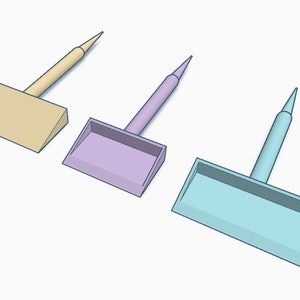May include: Three small dustpans with handles. The dustpans are beige, purple, and light blue.