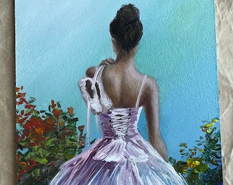 Elegantes Ballerina-Gemälde: Anmut und Sinnlichkeit in originaler Kunst. Zartes Mädchen mit Spitzenschuhen und Blumen nach dem Ballettunterricht.
