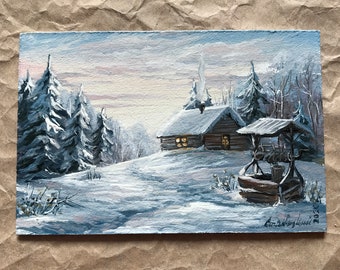 雪の冬の油絵。クリスマスの傑作絵画。雪に覆われたアート 古い