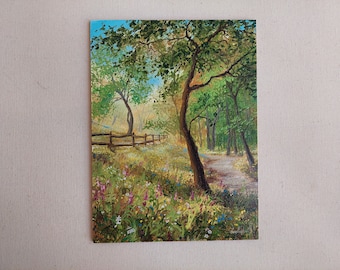 Summer green trees and flowers meadow in Ukrainian village Painting Artwork, High-quality Wall Art, original Ukraine landscape oil painting