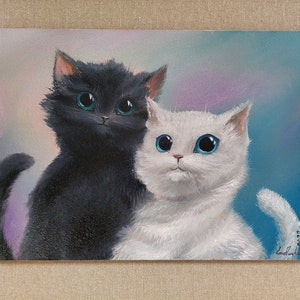 Nice fluffy black and white cats in love and friendship, original oil painting. Furry cats symbol of love feelings. Colorful pet portrait