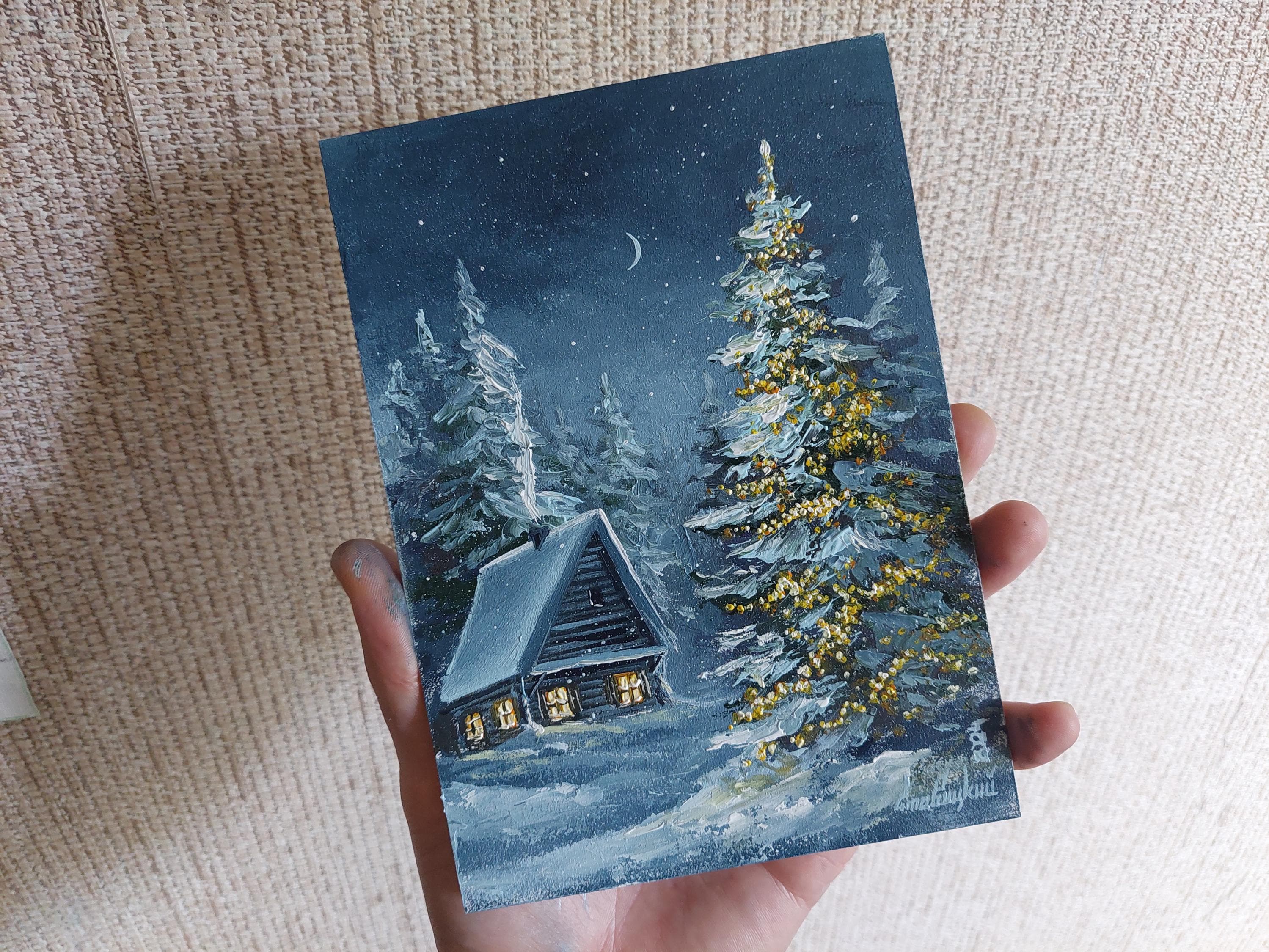 雪の冬の油絵。クリスマスの傑作絵画。雪に覆われたアート 古い