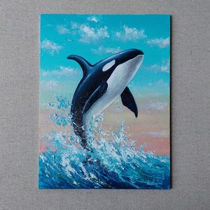 Orcas painting. Original Oil Painting: Orca Leaping Above Sea on Clear Day, Cloudy Foam and Sun Glints Convey Nature&#39;s Dynamic Harmony Art