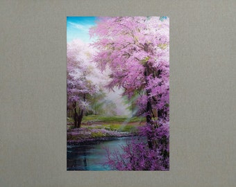 Grote bloesem Sakura met rivier en kleurrijke parklaan, olieverfschilderij van een bloeiende kersenboom in de lente, levendig modern landschapsschilderij op canvas
