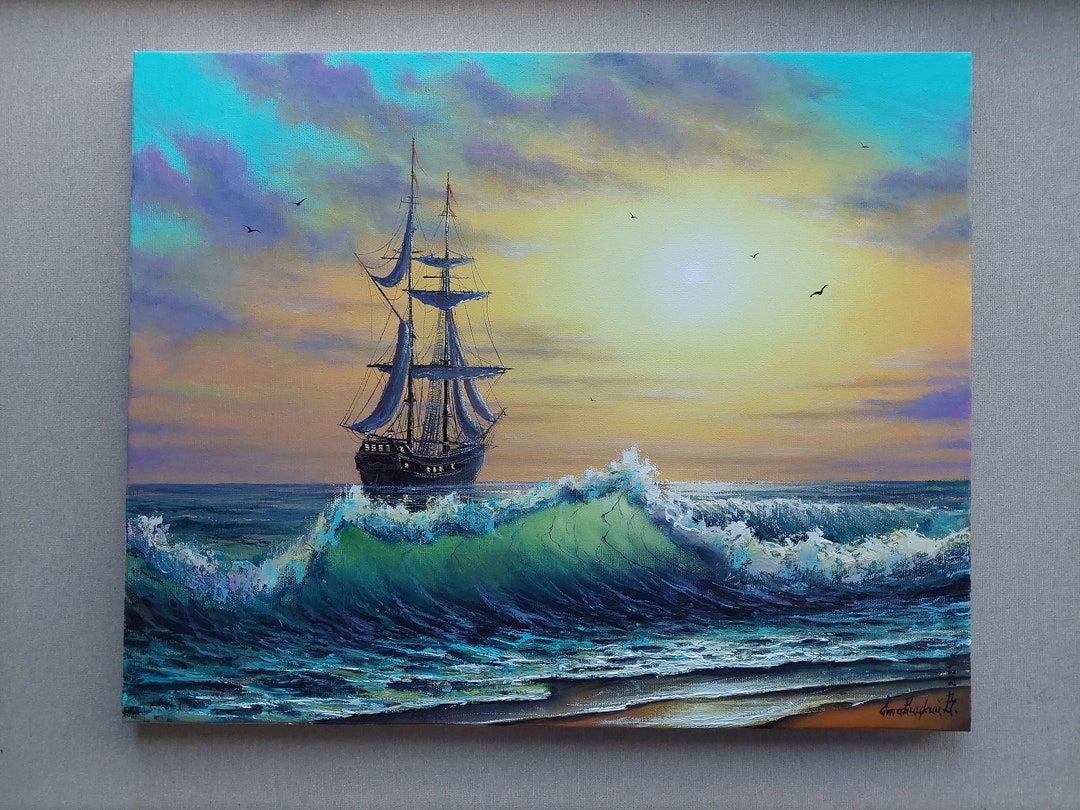 Sea Wave Original Oil Painting. Sailing Into Eternity Vintage Wooden