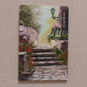 Delicate oil painting of blooming old town, cozy courtyard in flowers, colorful blossom spring, and mini fountain on Street City Flowers Art