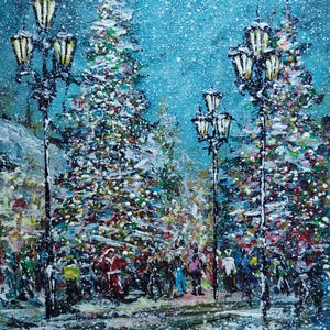Vintage Style Christmas Festive On The Snowy Original Oil Painting. Xmas Artwork. Snowy Winter Holiday Painting. Christmas Masterpiece art